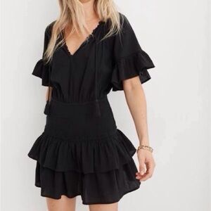 Aerie Women Black Boho Beachy Tasseled Ruffle Tiered Smocked Waist Mini Dress M